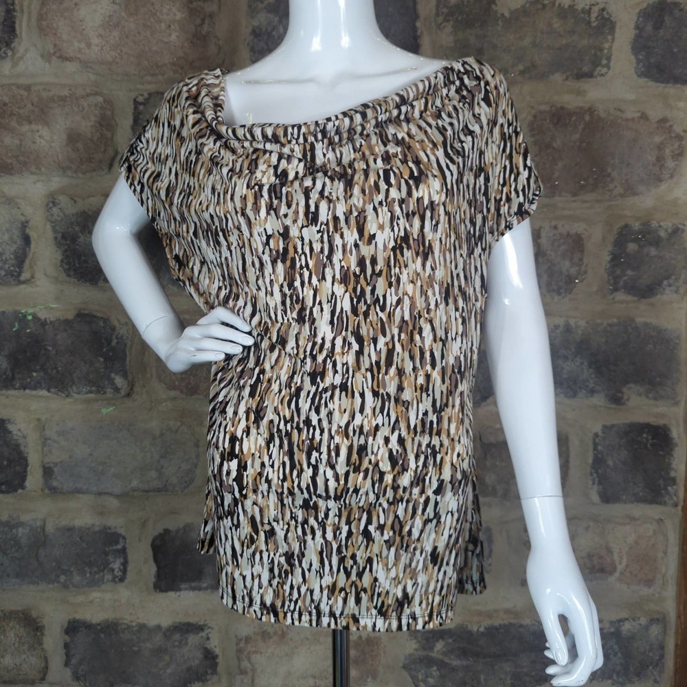 LIZ Claiborne Shirt Brown Tan Cap Sleeve Woman's Size Large Cowl‎ Neck